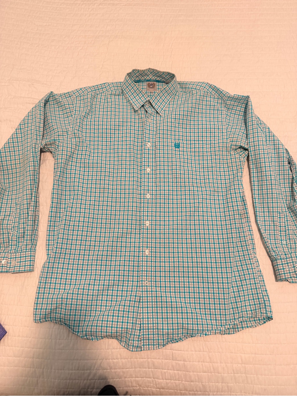 Cinch Teal And White Plaid Long-Sleeve Button-Down Shirt